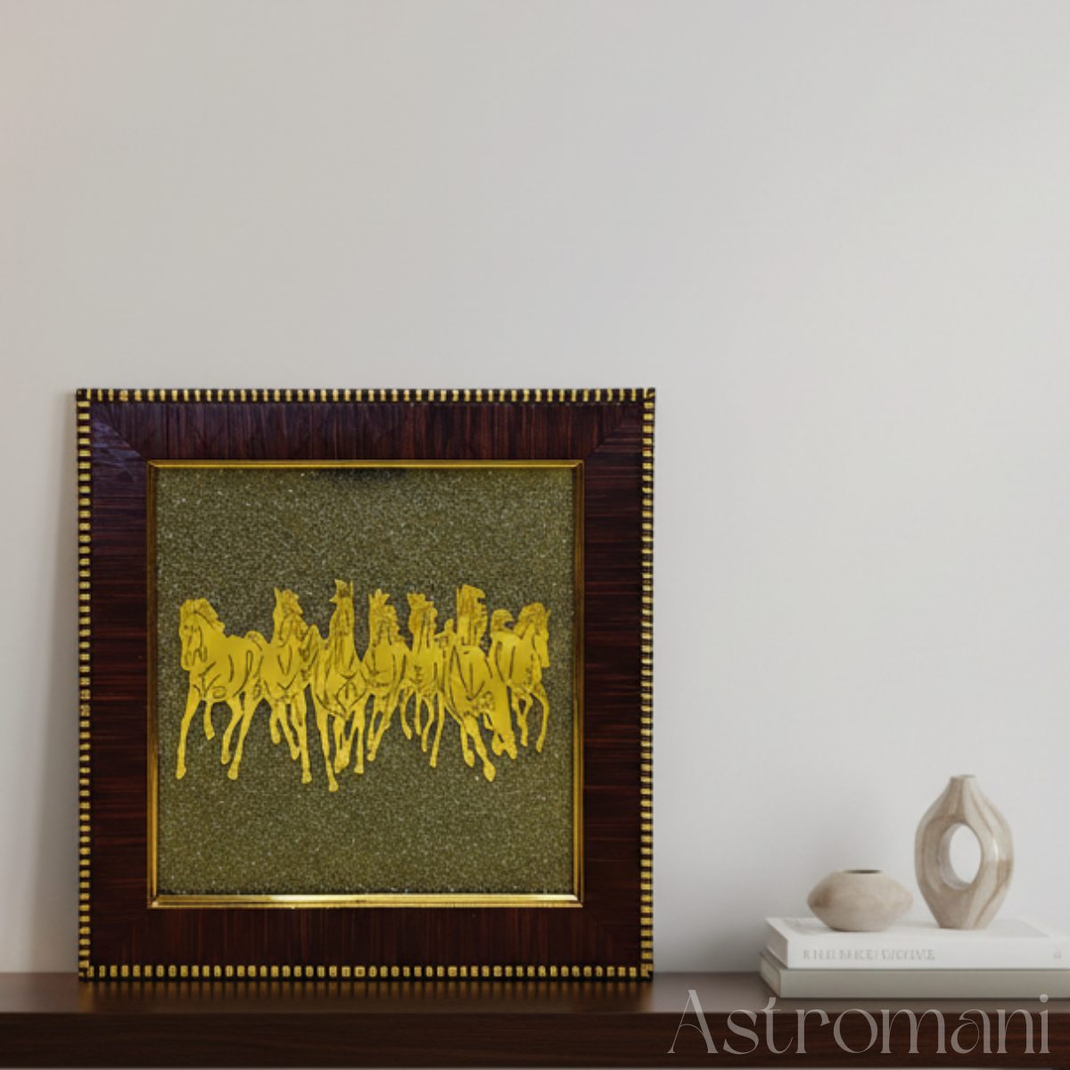 Pyrite Crystals Frame with Seven Running Horses