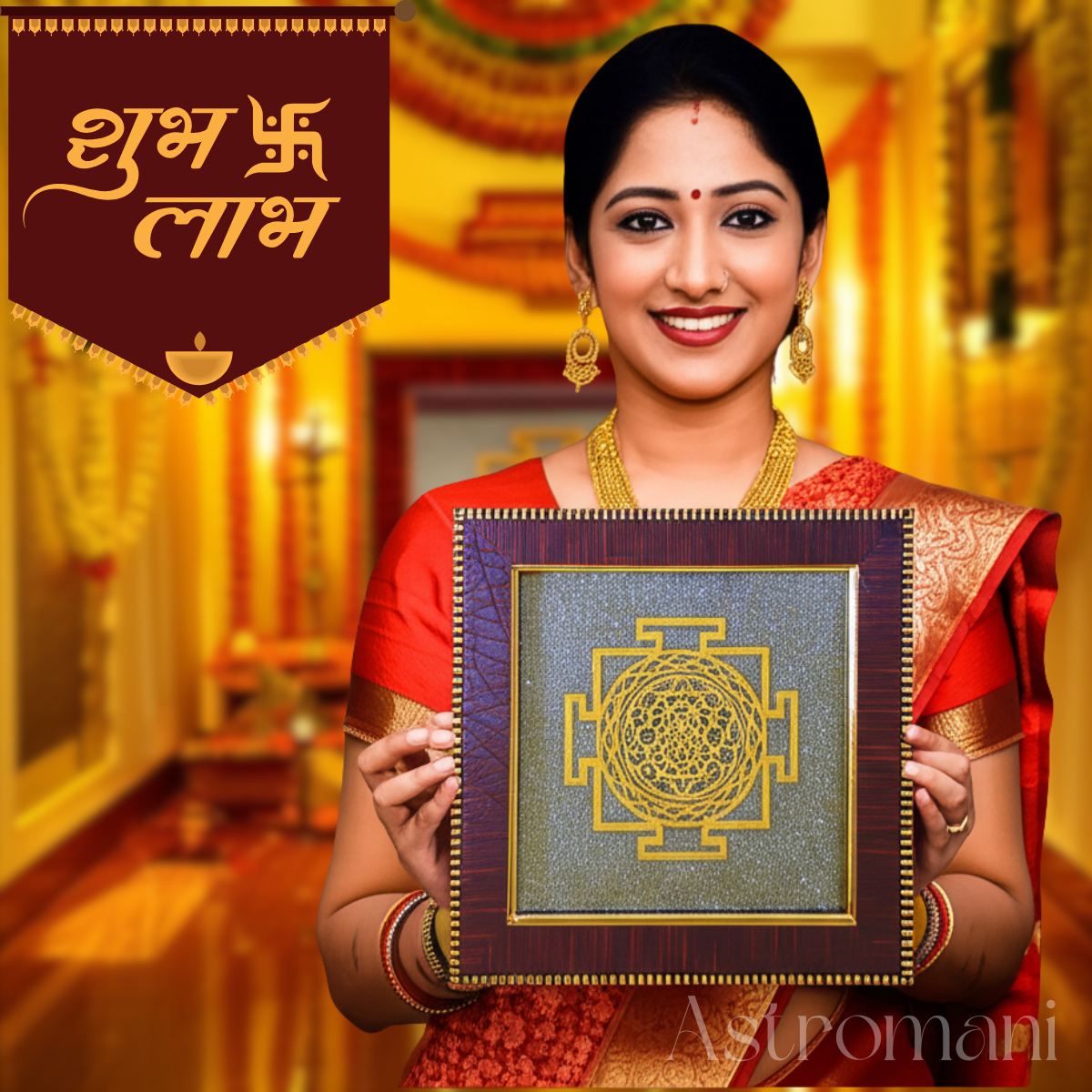 Shree Yantra with Pyrite in Wooden Frame