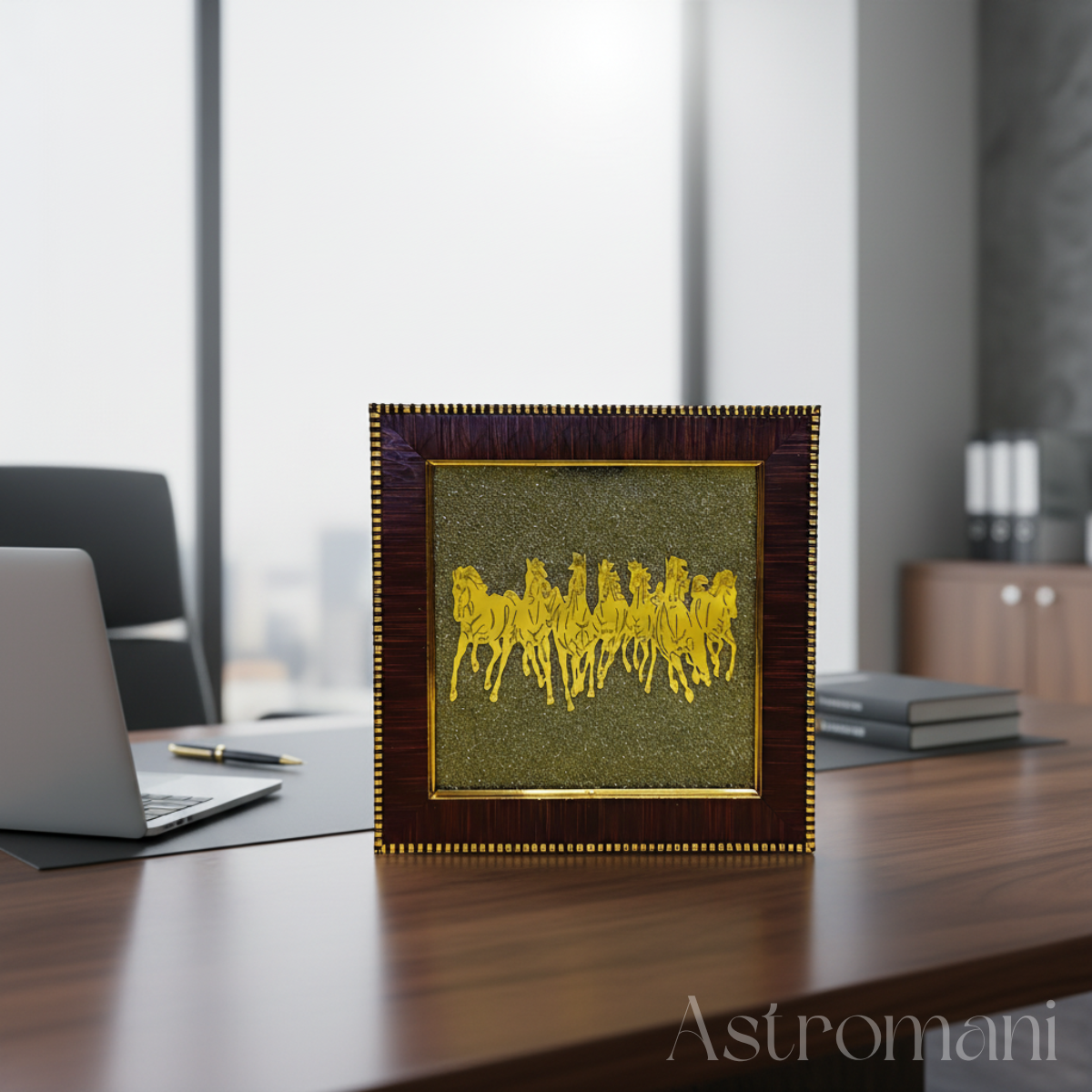Pyrite Crystals Frame with Seven Running Horses