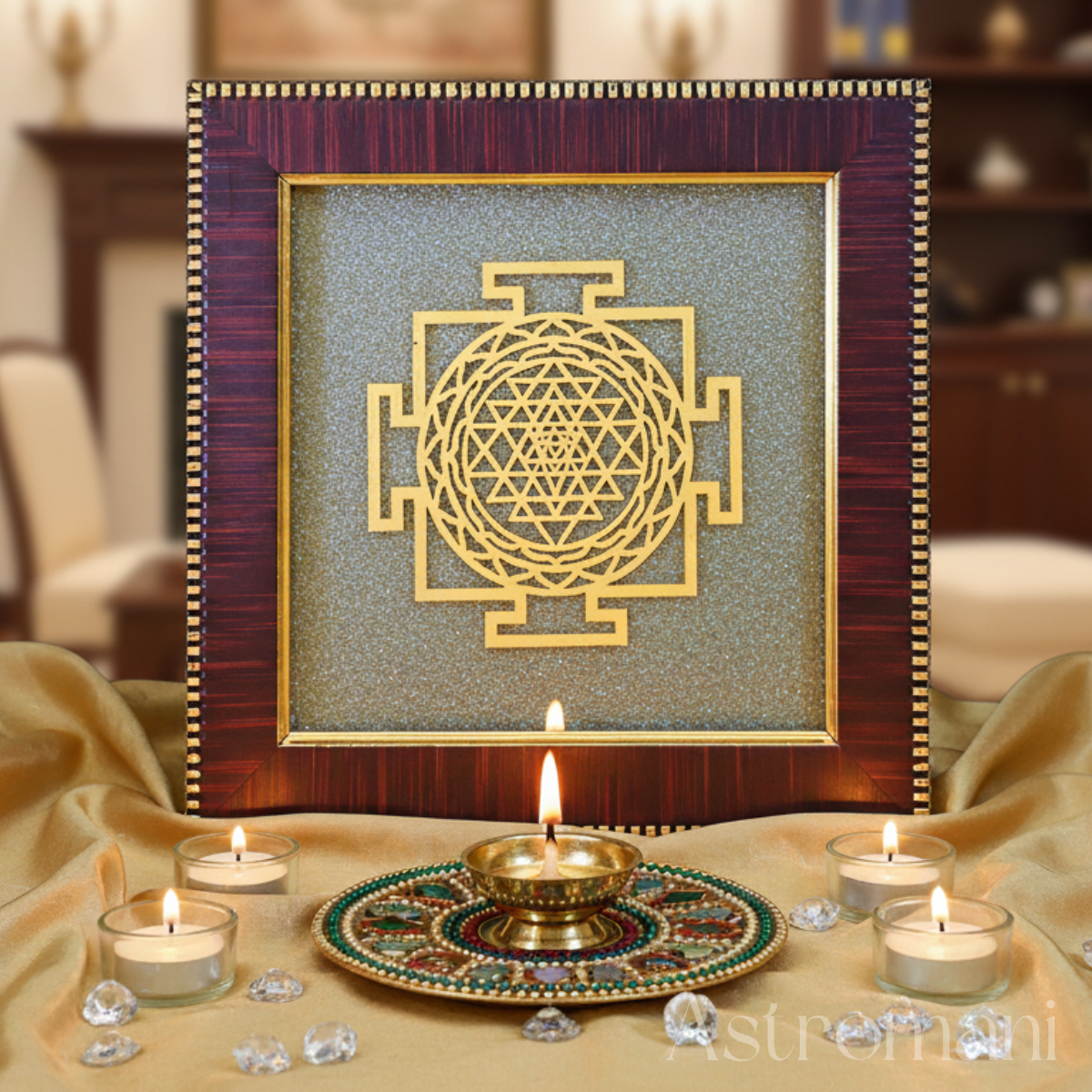 Shree Yantra with Pyrite in Wooden Frame