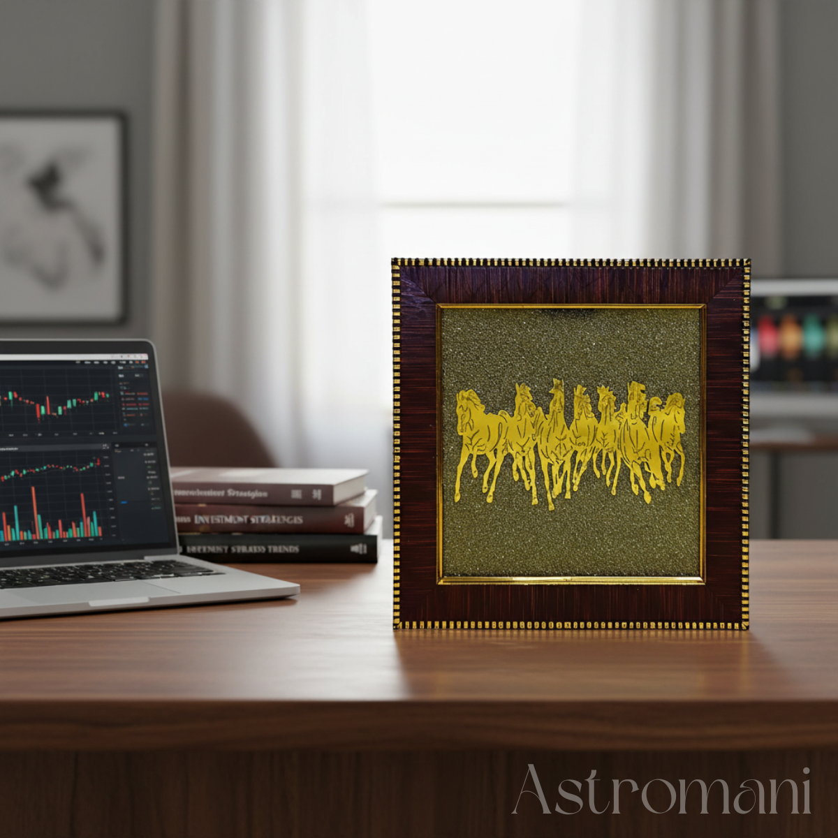Pyrite Crystals Frame with Seven Running Horses