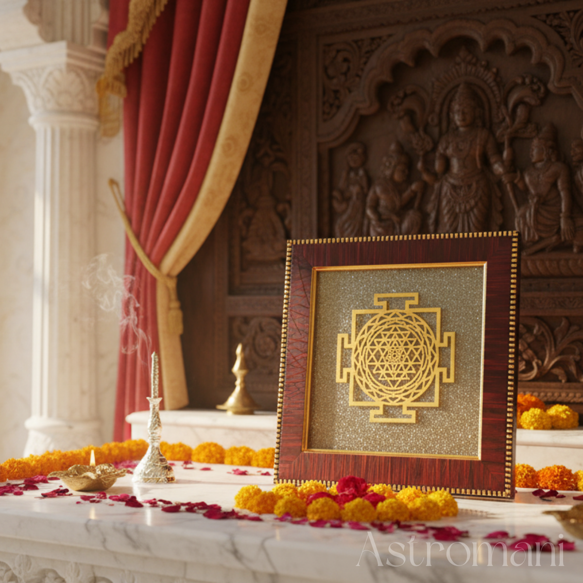 Shree Yantra with Pyrite in Wooden Frame